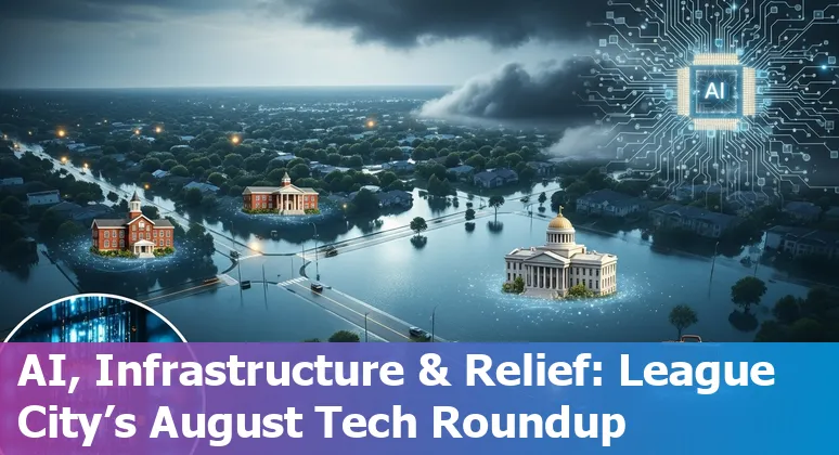 League City skyline with community volunteers loading relief supplies, overlaid with tech icons representing AI, data centers, and SpaceX Starbase.