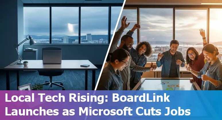 Bellingham skyline with icons for AI, education, civic meetings, and cloud infrastructure