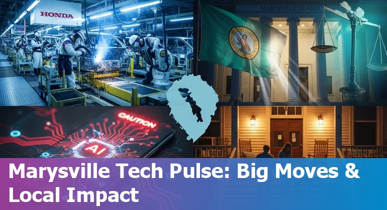 Marysville skyline with Honda plant and abstract AI circuit overlay, representing local labor lawsuit and national AI policy debate.