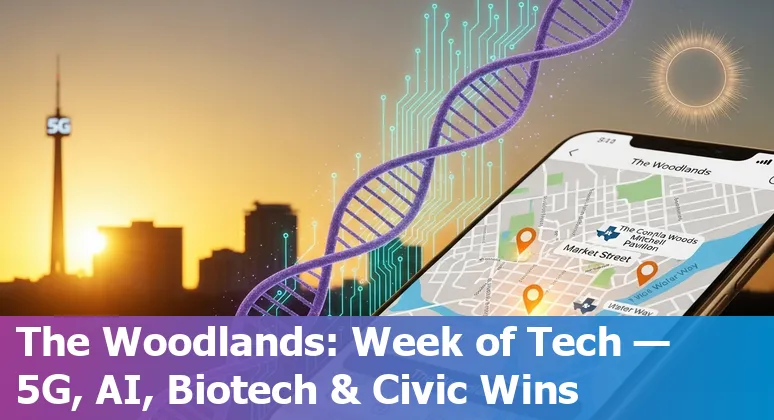The Woodlands skyline with tech and biotech icons overlay — AI, 5G towers, shared‑use pathway, and lab facility.