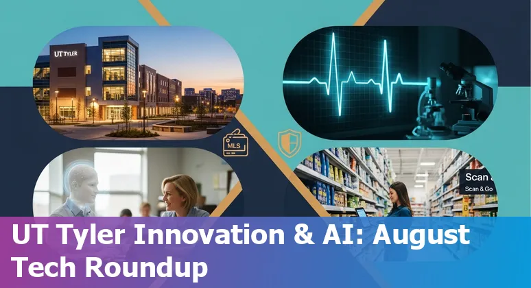 Collage of UT Tyler campus, EKG waveform, classroom with laptop-based AI assistant, Sam’s Club archway, and real estate photos
