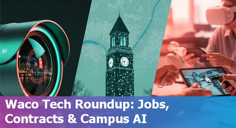 Collage: Baylor campus, Waco distribution center, school security camera, and AI icon overlay