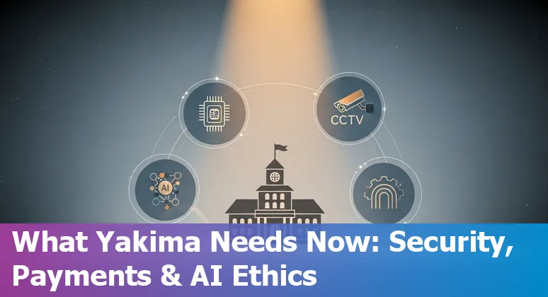 Yakima skyline with overlaid icons for AI agents, farming robots, healthcare, retail cameras, and payment symbols.
